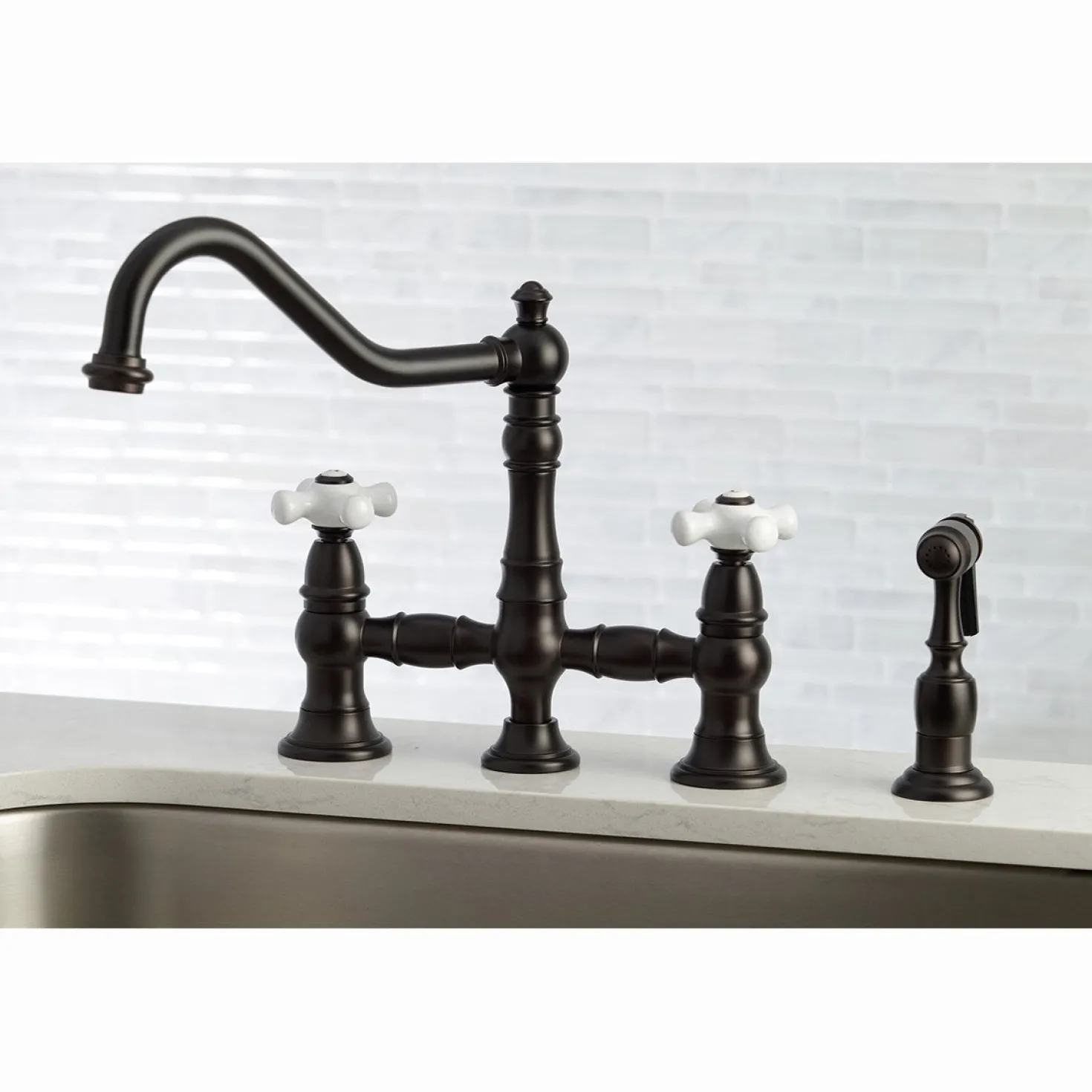 Kingston Brass Restoration Deck Mount 8" Bridge Kitchen Faucet with Sprayer