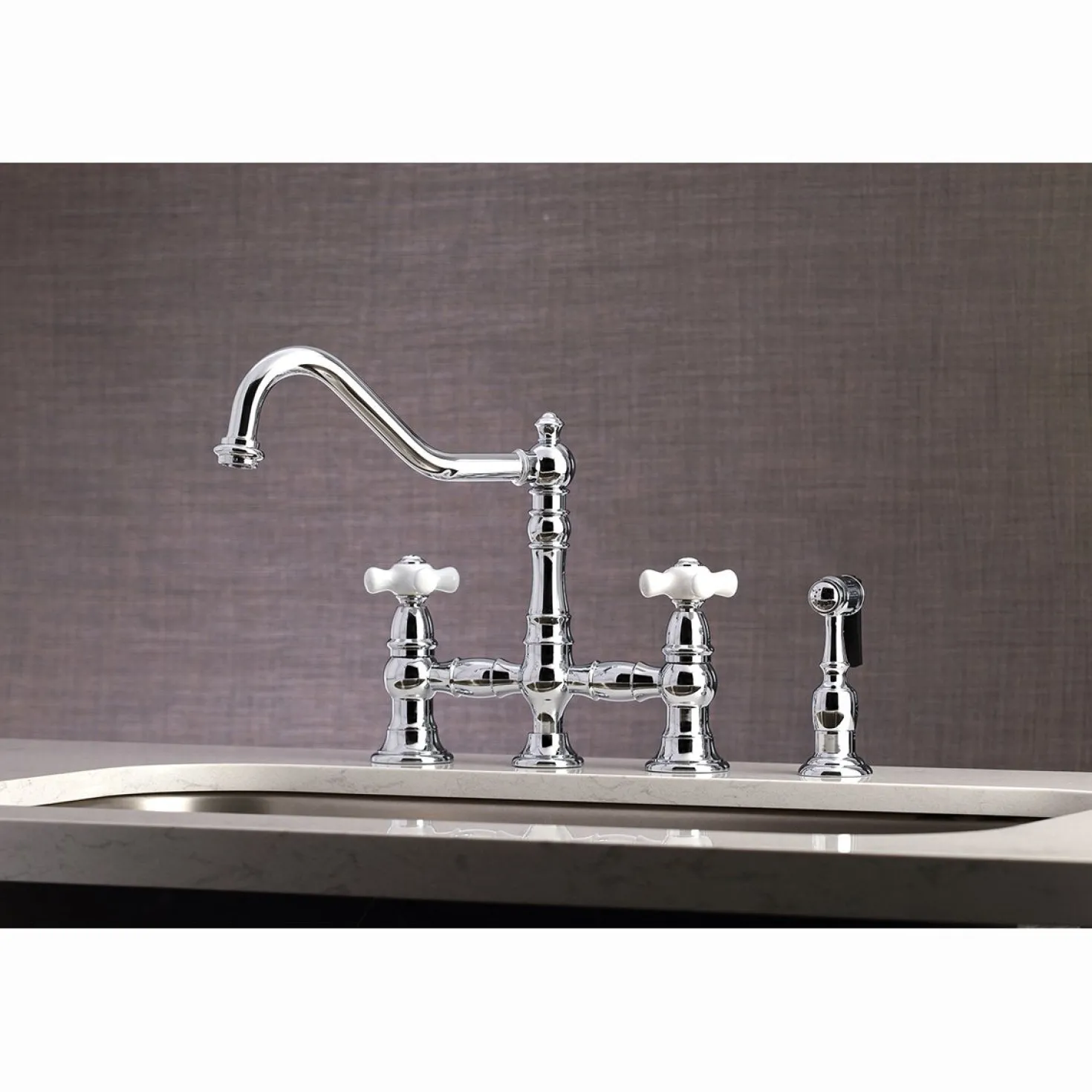 Kingston Brass Restoration Deck Mount 8" Bridge Kitchen Faucet with Sprayer