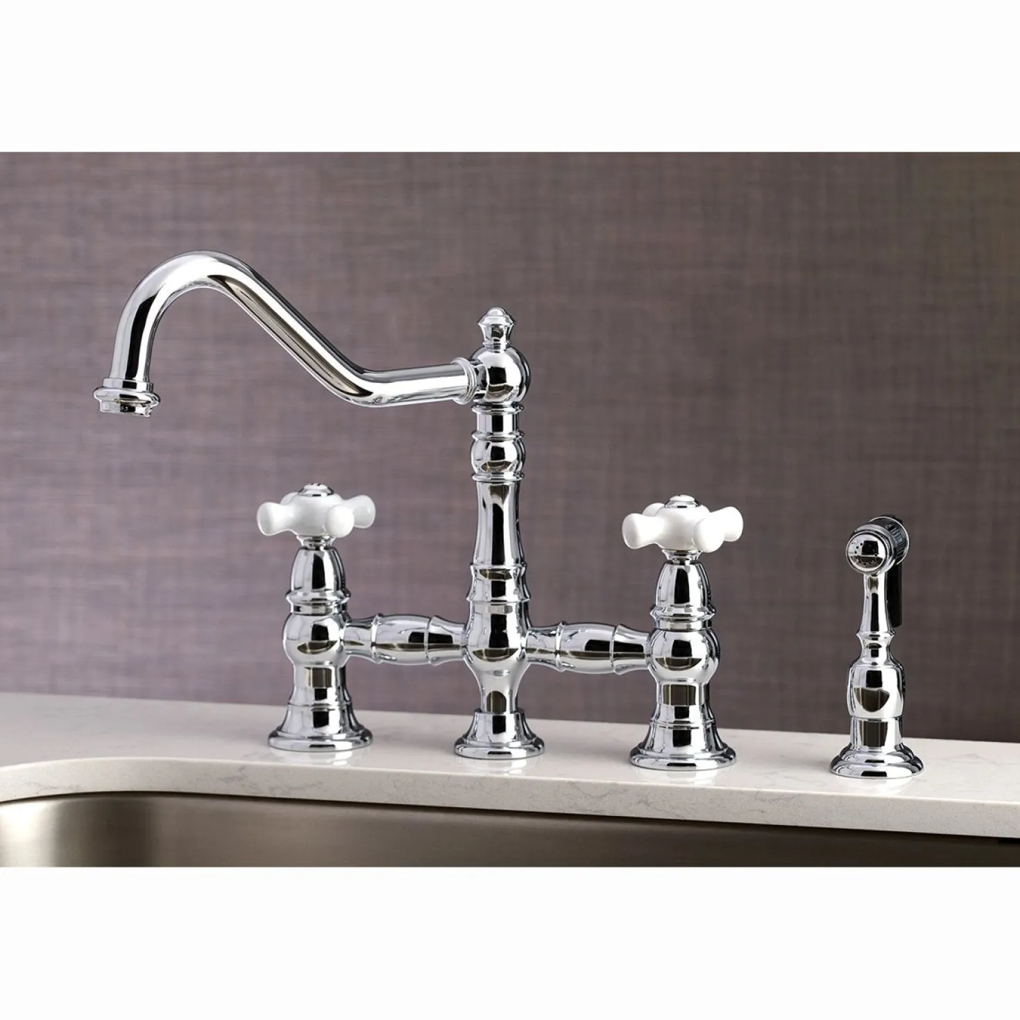 Kingston Brass Restoration Deck Mount 8" Bridge Kitchen Faucet with Sprayer