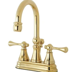 Kingston Brass Restoration Deck Mount 4-Inch Centerset Bathroom Faucet with Brass Pop-Up