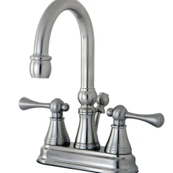 Kingston Brass Restoration Deck Mount 4-Inch Centerset Bathroom Faucet with Brass Pop-Up