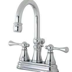 Kingston Brass Restoration Deck Mount 4-Inch Centerset Bathroom Faucet with Brass Pop-Up