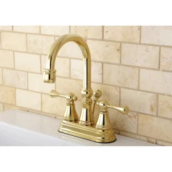 Kingston Brass Restoration Deck Mount 4-Inch Centerset Bathroom Faucet with Brass Pop-Up