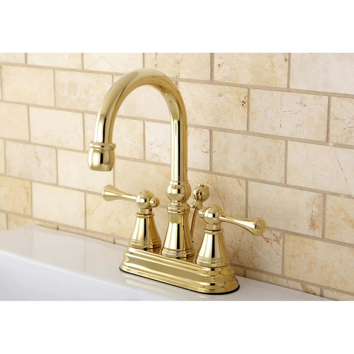 Kingston Brass Restoration Deck Mount 4-Inch Centerset Bathroom Faucet with Brass Pop-Up