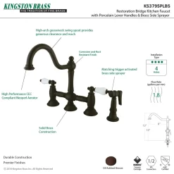 Kingston Brass Restoration 2-Handle Kitchen Bridge Faucet with Brass Sprayer