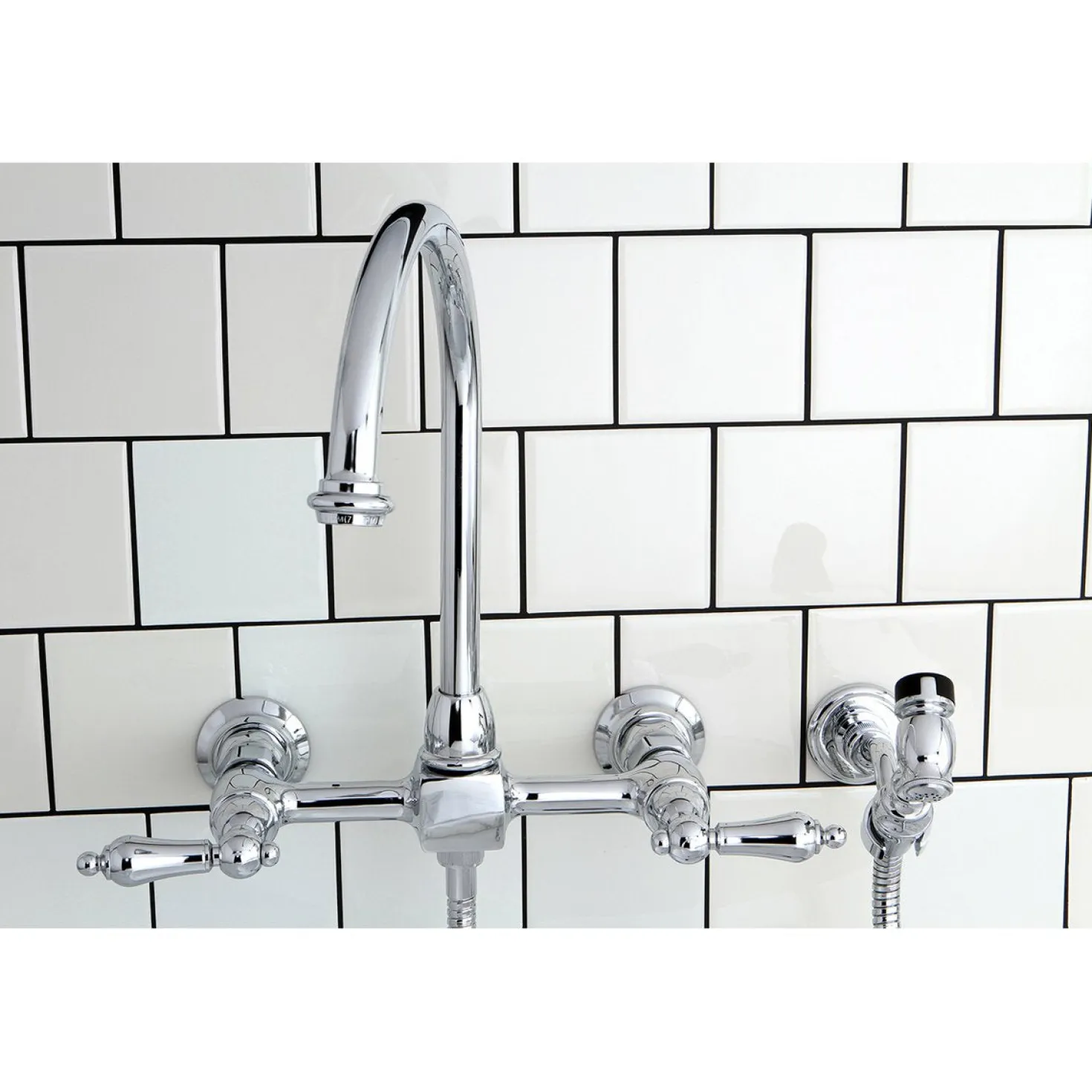 Kingston Brass Restoration 8-Inch Centerset Wall Mount Kitchen Faucet with Brass Sprayer