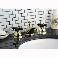Kingston Brass Restoration Onyx Widespread Lavatory Faucet with Black Porcelain Cross Handle