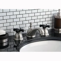 Kingston Brass Restoration Onyx Widespread Lavatory Faucet with Black Porcelain Cross Handle