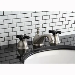 Kingston Brass Restoration Onyx Widespread Lavatory Faucet with Black Porcelain Cross Handle