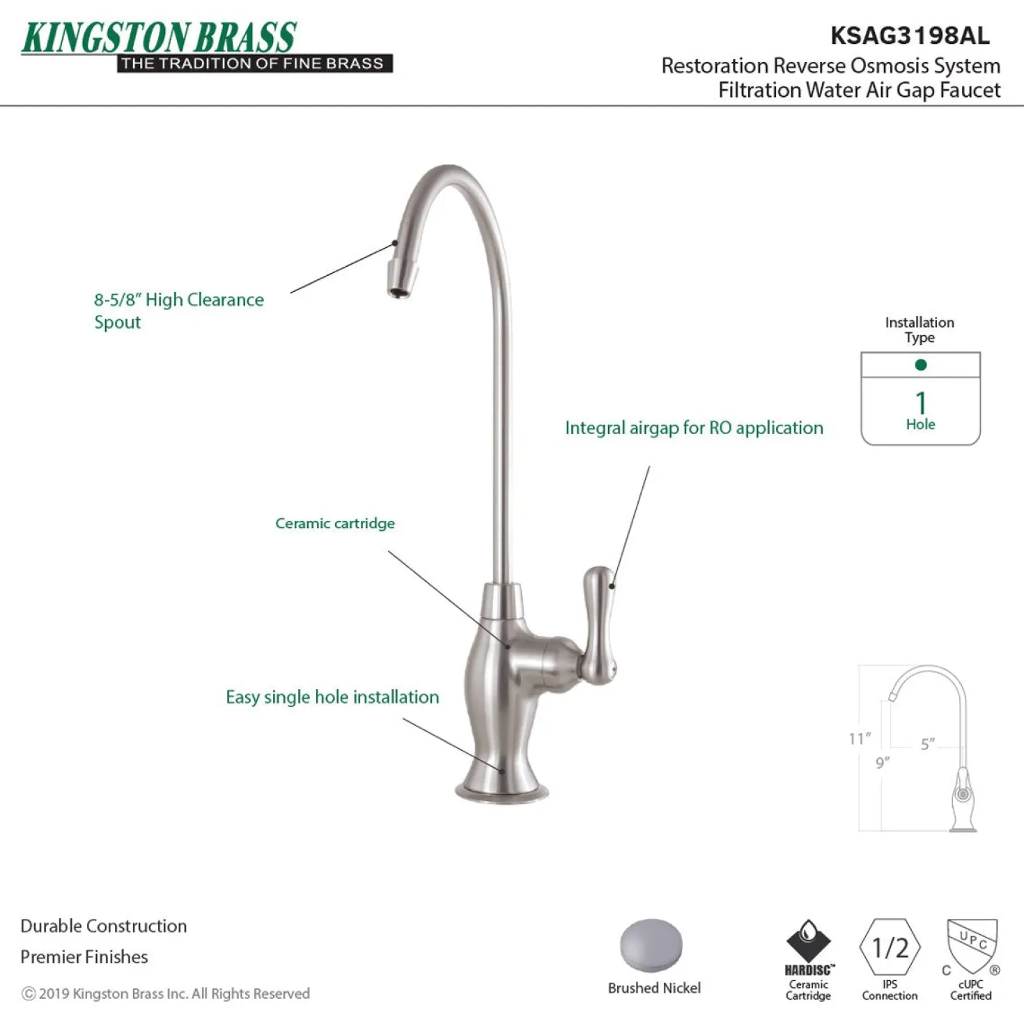 Kingston Brass Restoration Reverse Osmosis System Filtration Water Air Gap Faucet