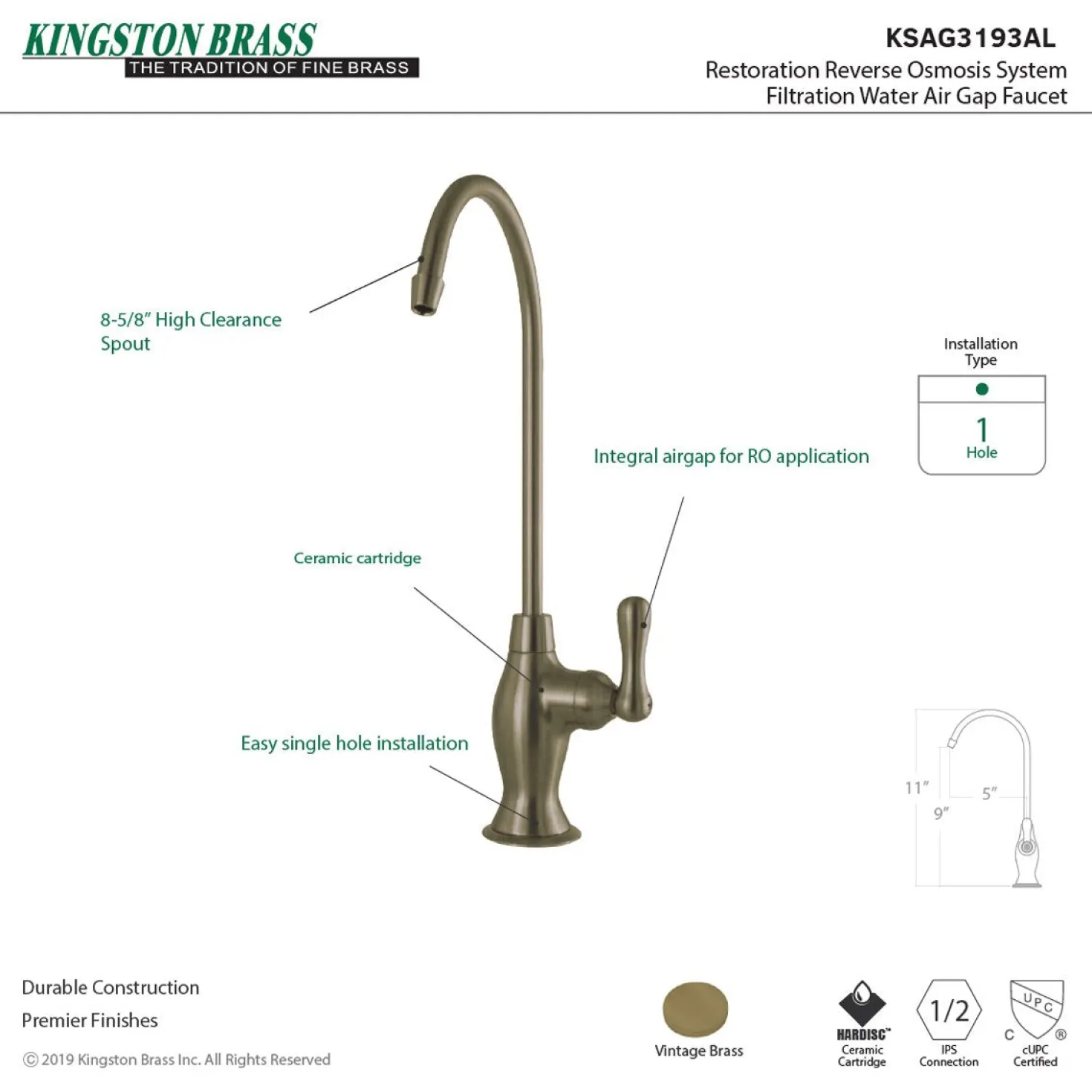 Kingston Brass Restoration Reverse Osmosis System Filtration Water Air Gap Faucet
