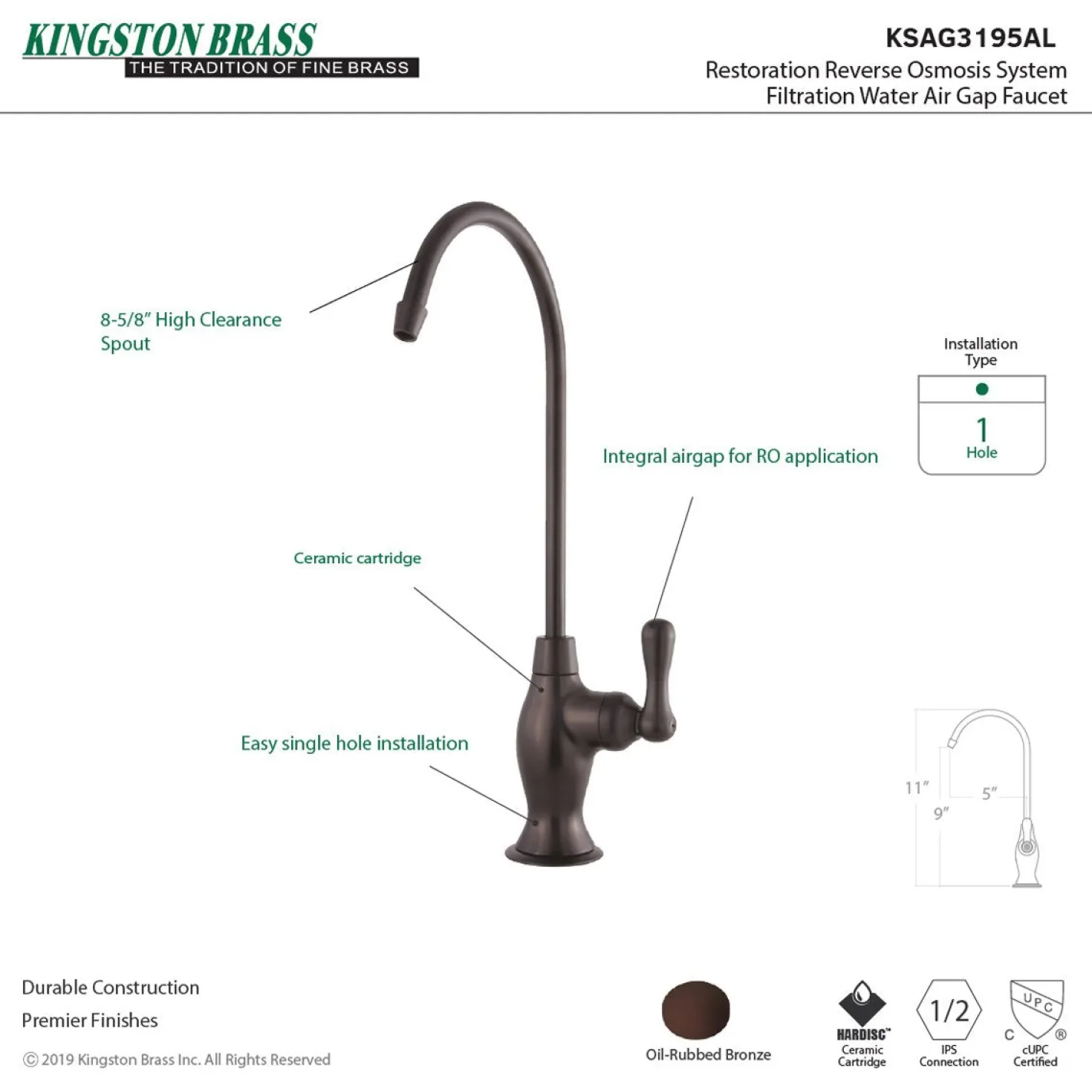 Kingston Brass Restoration Reverse Osmosis System Filtration Water Air Gap Faucet