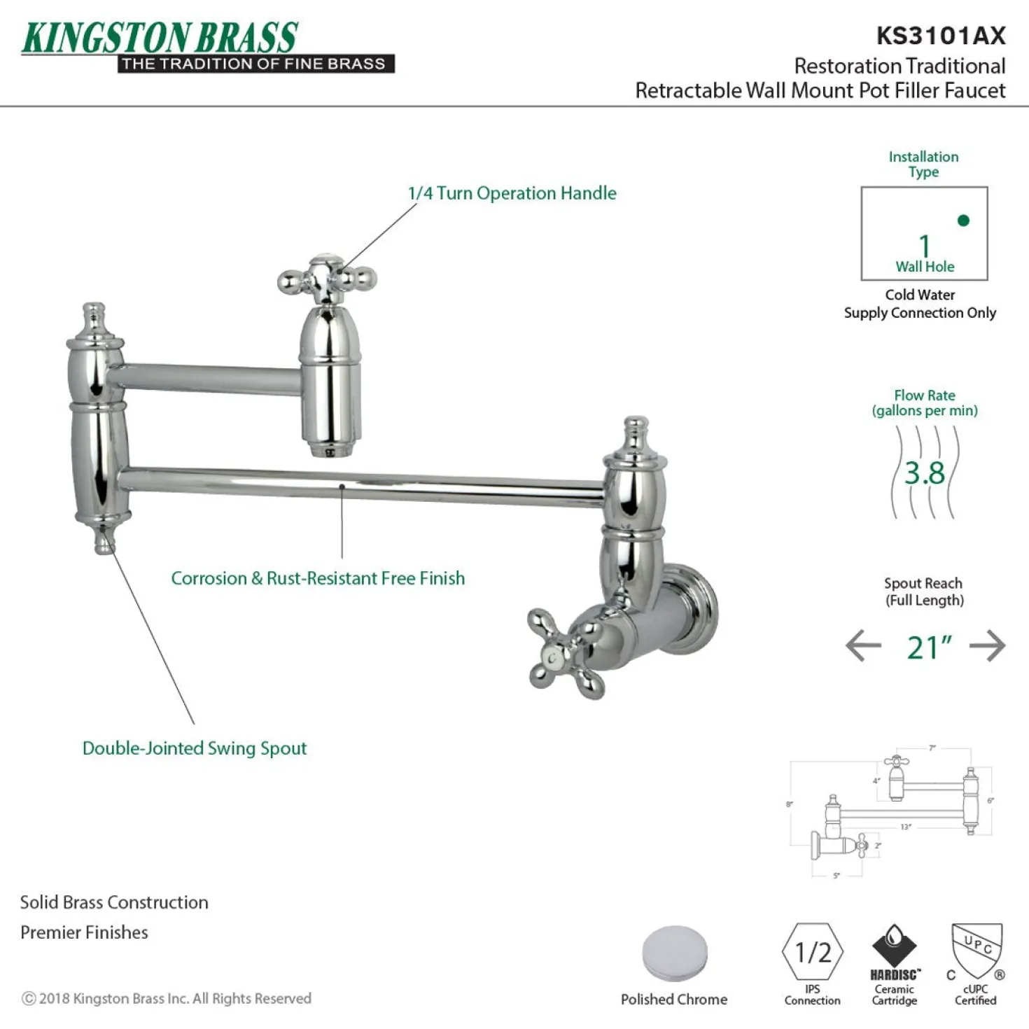 Kingston Brass Restoration Single Hole Wall Mount Pot Filler Kitchen Faucet