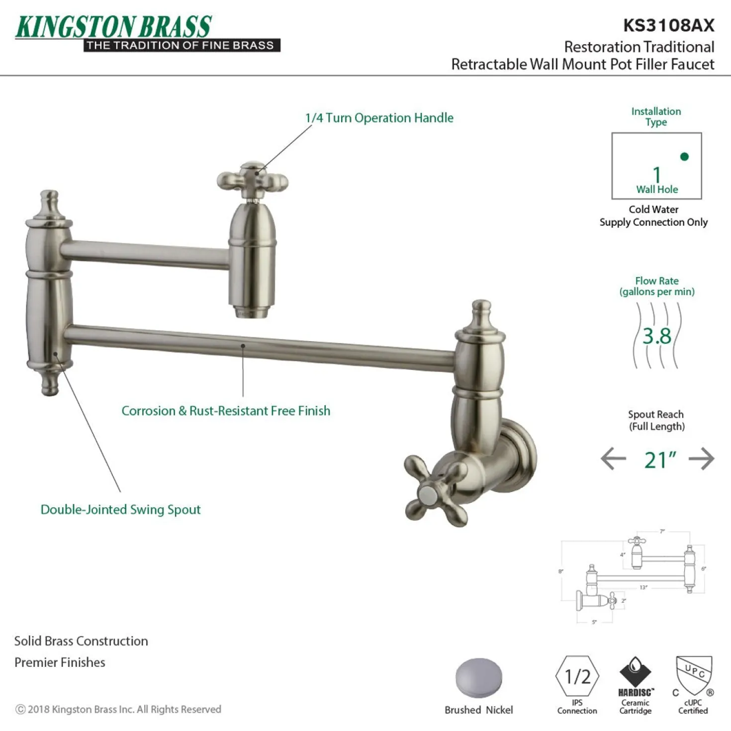 Kingston Brass Restoration Single Hole Wall Mount Pot Filler Kitchen Faucet