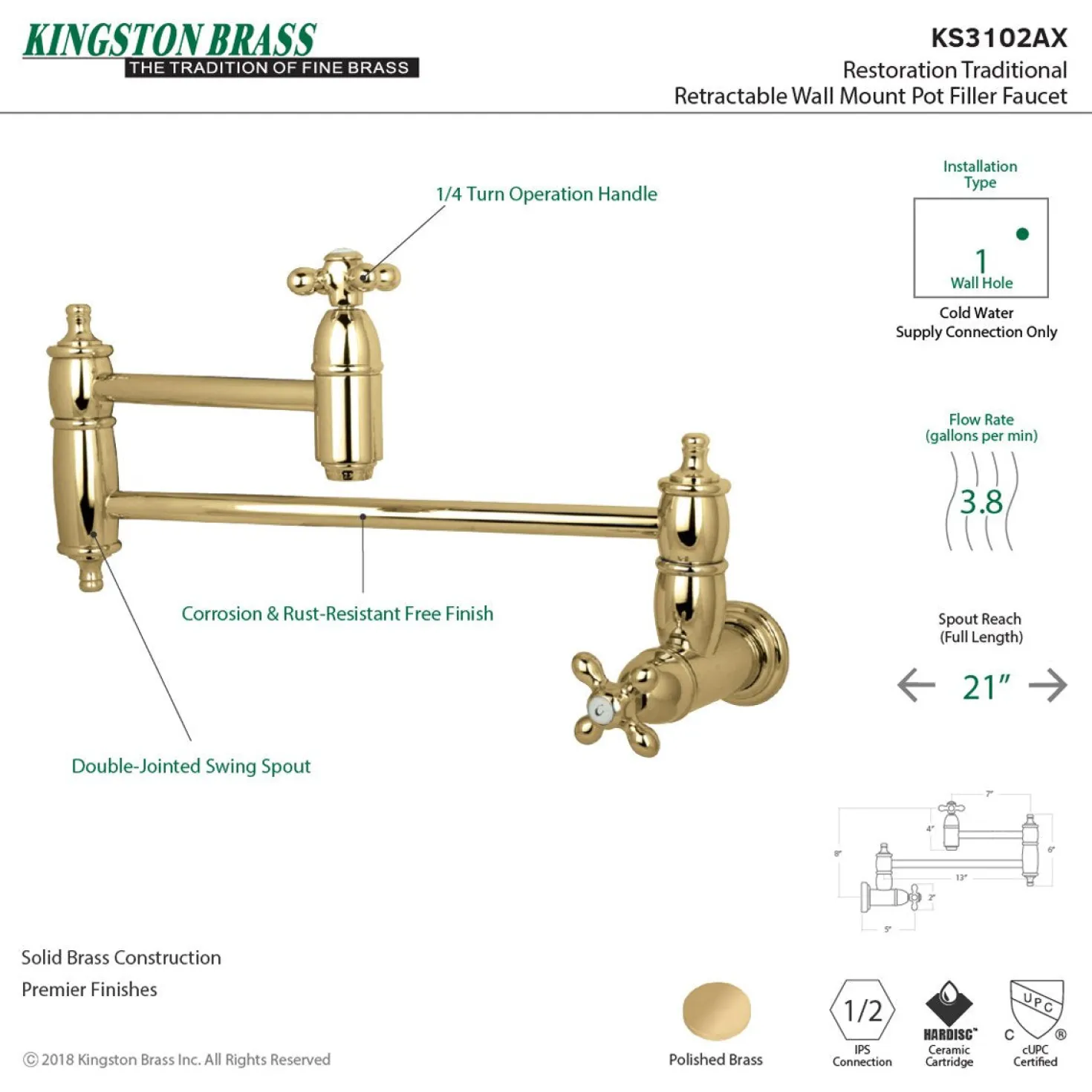 Kingston Brass Restoration Single Hole Wall Mount Pot Filler Kitchen Faucet