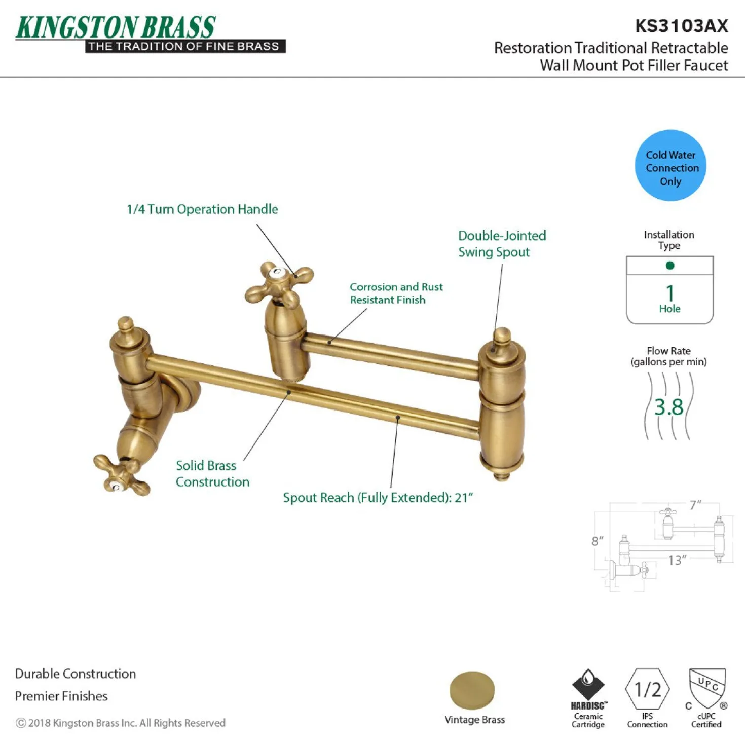 Kingston Brass Restoration Single Hole Wall Mount Pot Filler Kitchen Faucet