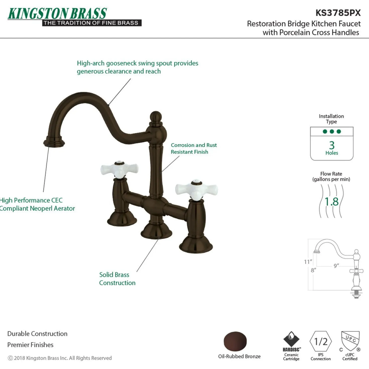 Kingston Brass Restoration Two-Handle Kitchen Bridge Faucet