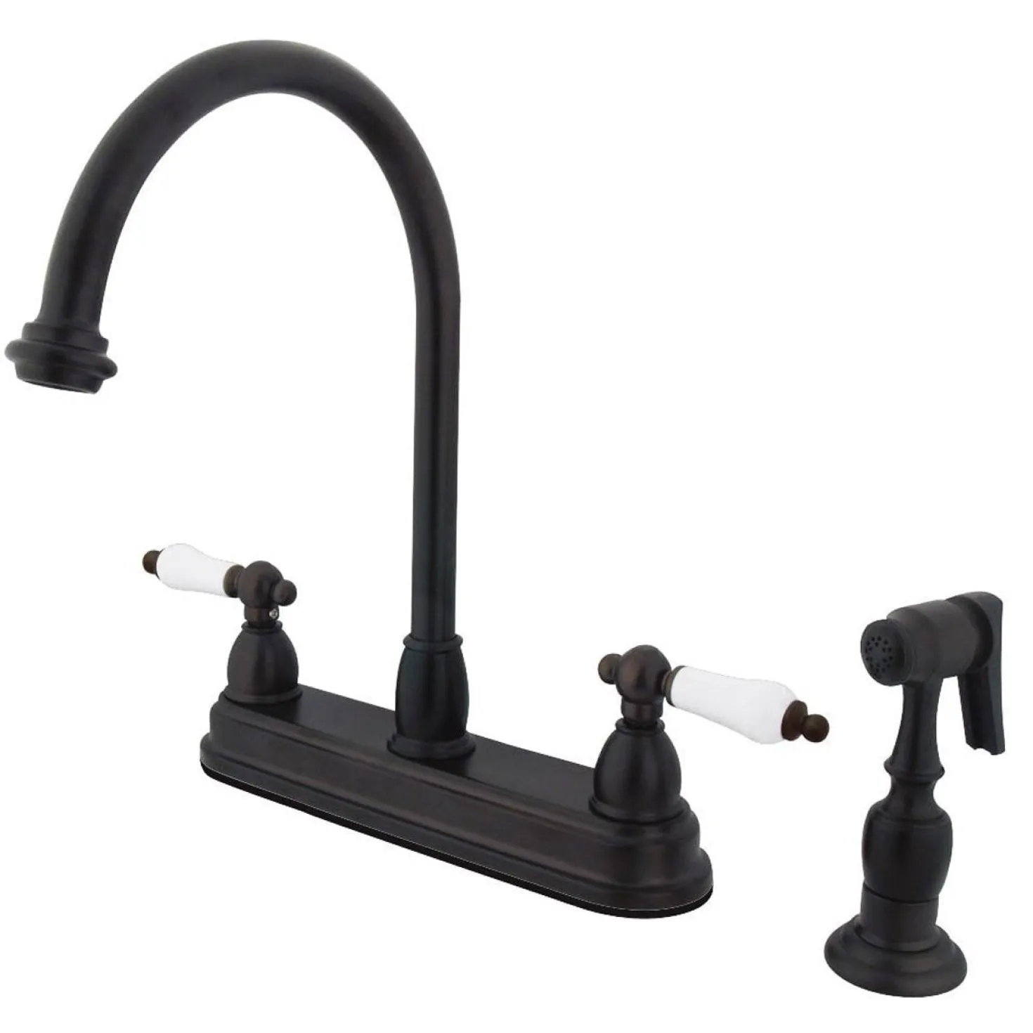 Kingston Brass Restoration Two Handle 8" Kitchen Faucet with Brass Sprayer and Lever Handle