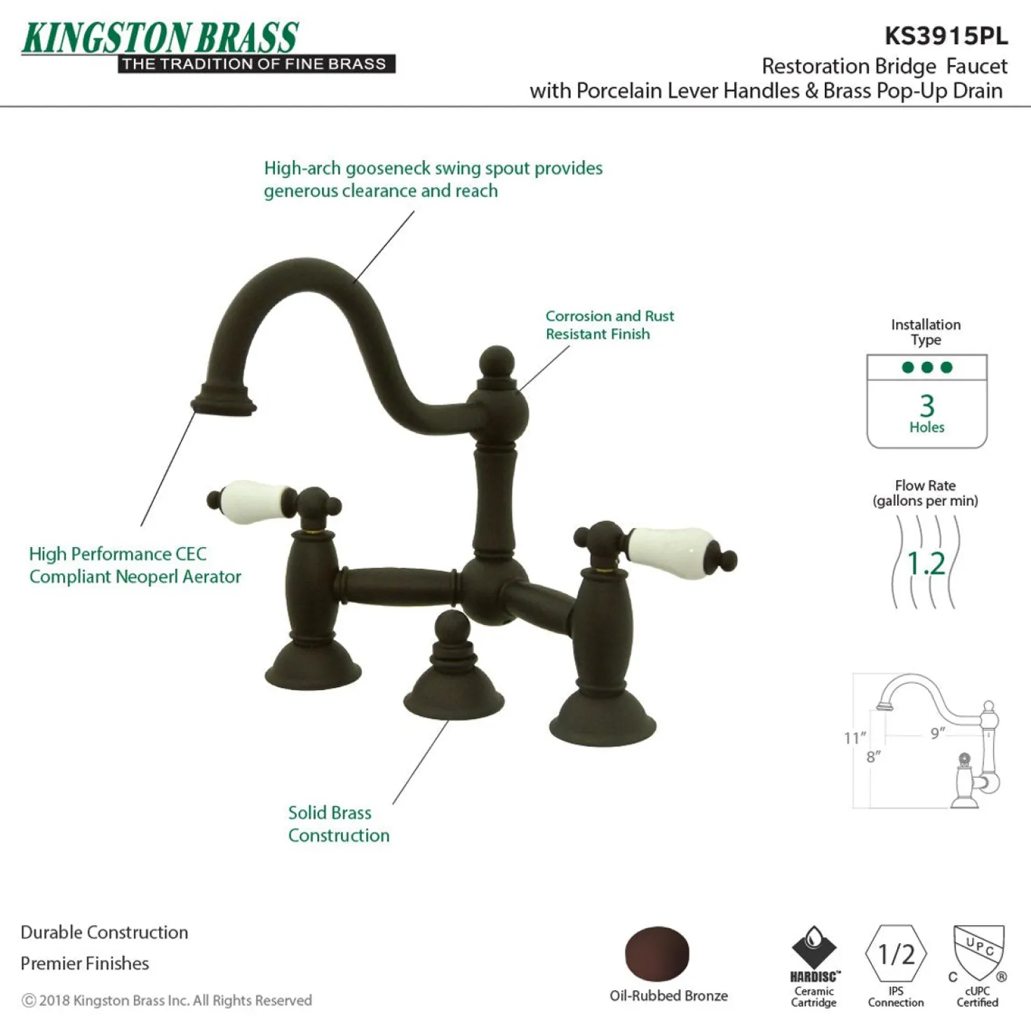 Kingston Brass Restoration Two-Handle Bathroom Bridge Faucet