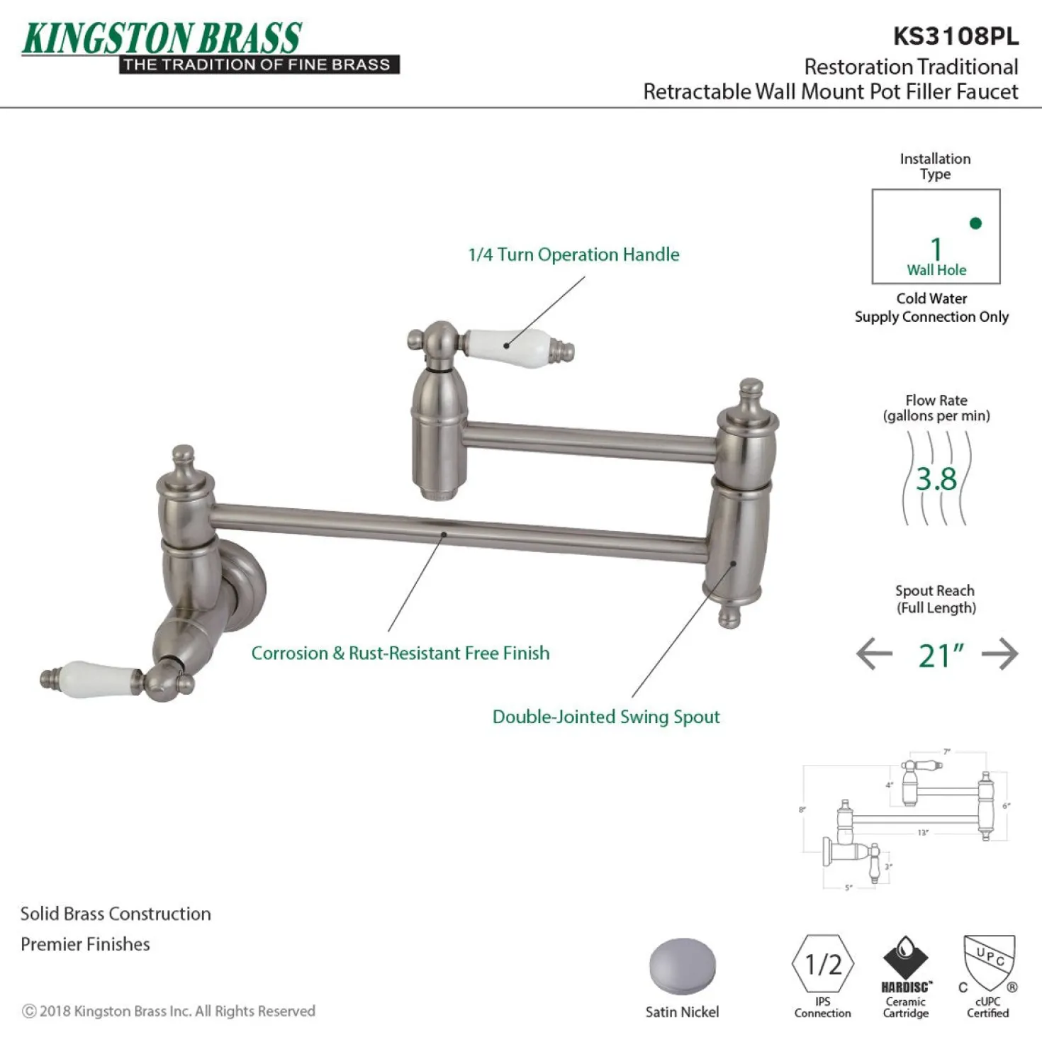Kingston Brass Restoration Wall Mount Single Hole Pot Filler Kitchen Faucet