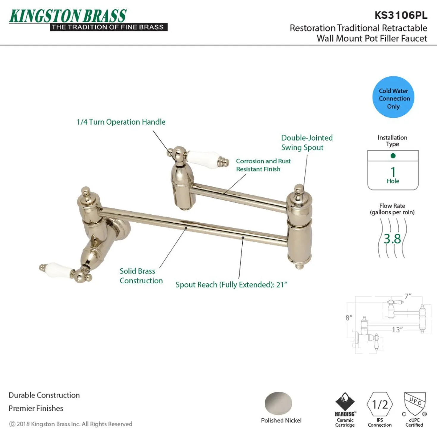Kingston Brass Restoration Wall Mount Single Hole Pot Filler Kitchen Faucet