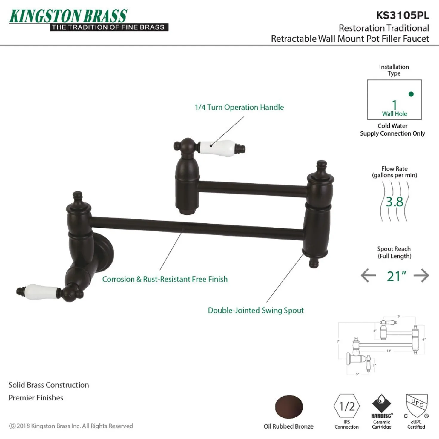 Kingston Brass Restoration Wall Mount Single Hole Pot Filler Kitchen Faucet