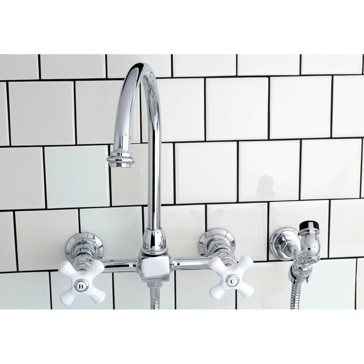 Kingston Brass Restoration Wall Mount 8" Centerset Kitchen Faucet with Brass Sprayer
