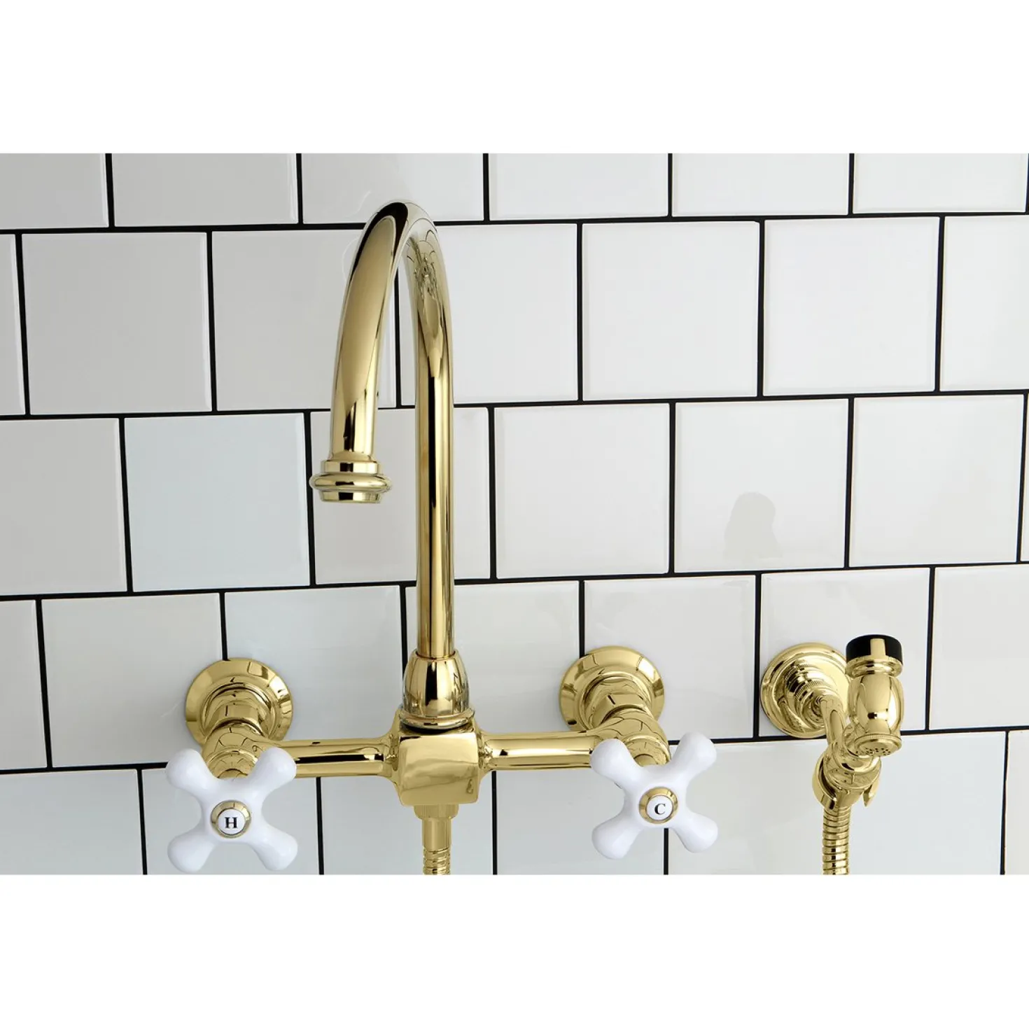 Kingston Brass Restoration Wall Mount 8" Centerset Kitchen Faucet with Brass Sprayer