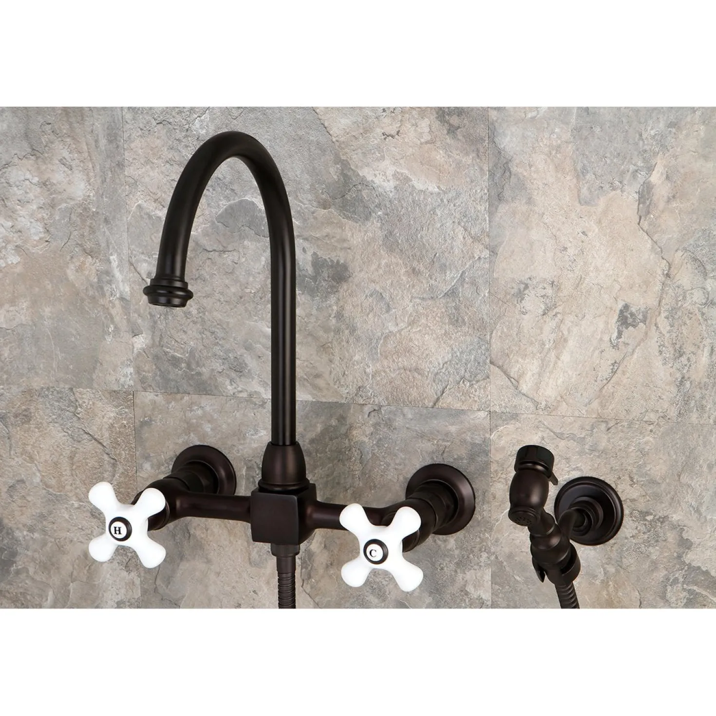 Kingston Brass Restoration Wall Mount 8" Centerset Kitchen Faucet with Brass Sprayer