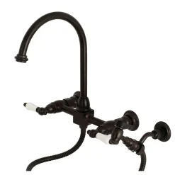 Kingston Brass Restoration Wall Mount 8-Inch Centerset Kitchen Faucet with Brass Sprayer
