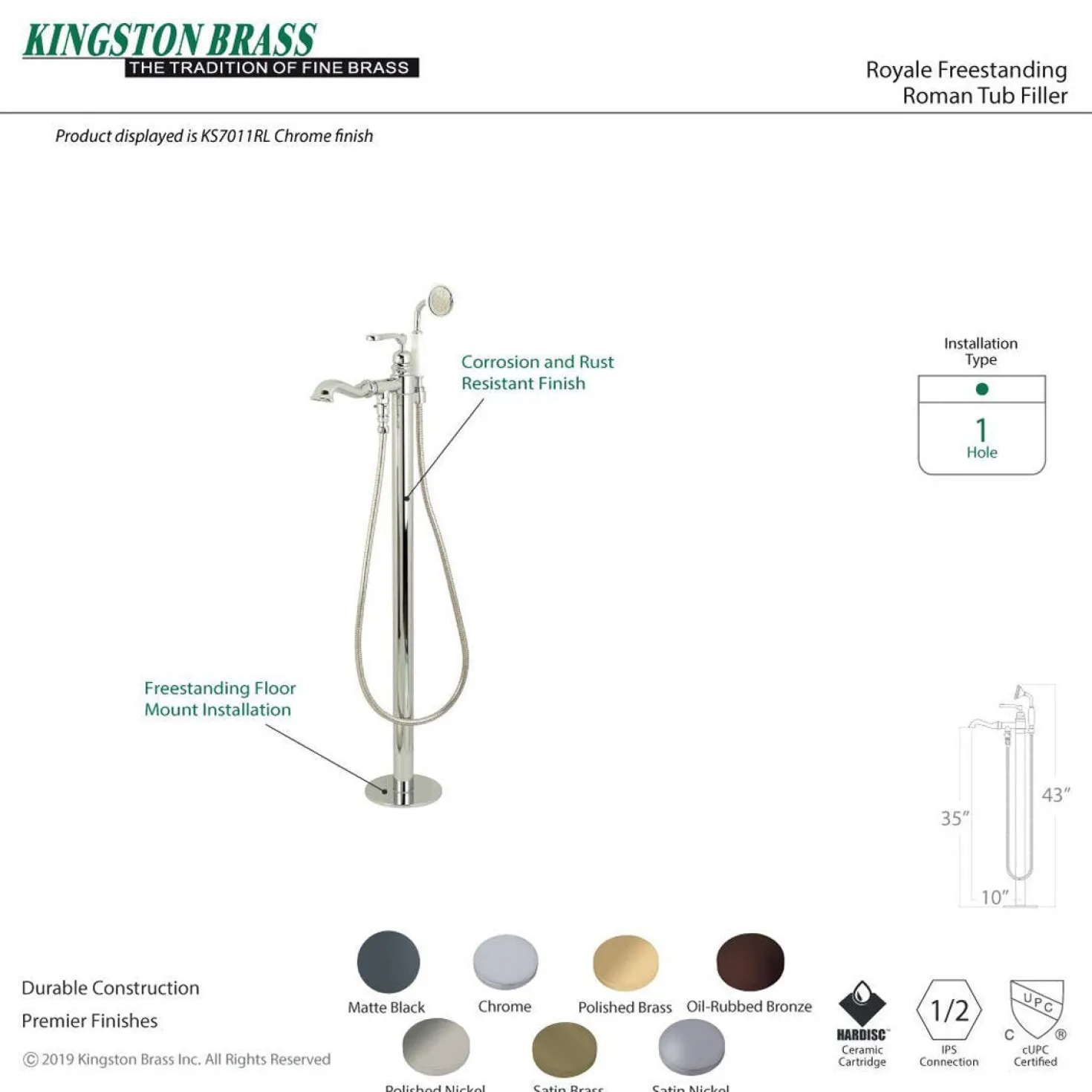 Kingston Brass Royale Single Handle Freestanding Roman Tub Faucet with Hand Shower