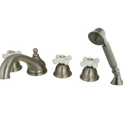 Kingston Brass Royale Three Handle Satin Nickel Roman Tub Filler with Hand Shower