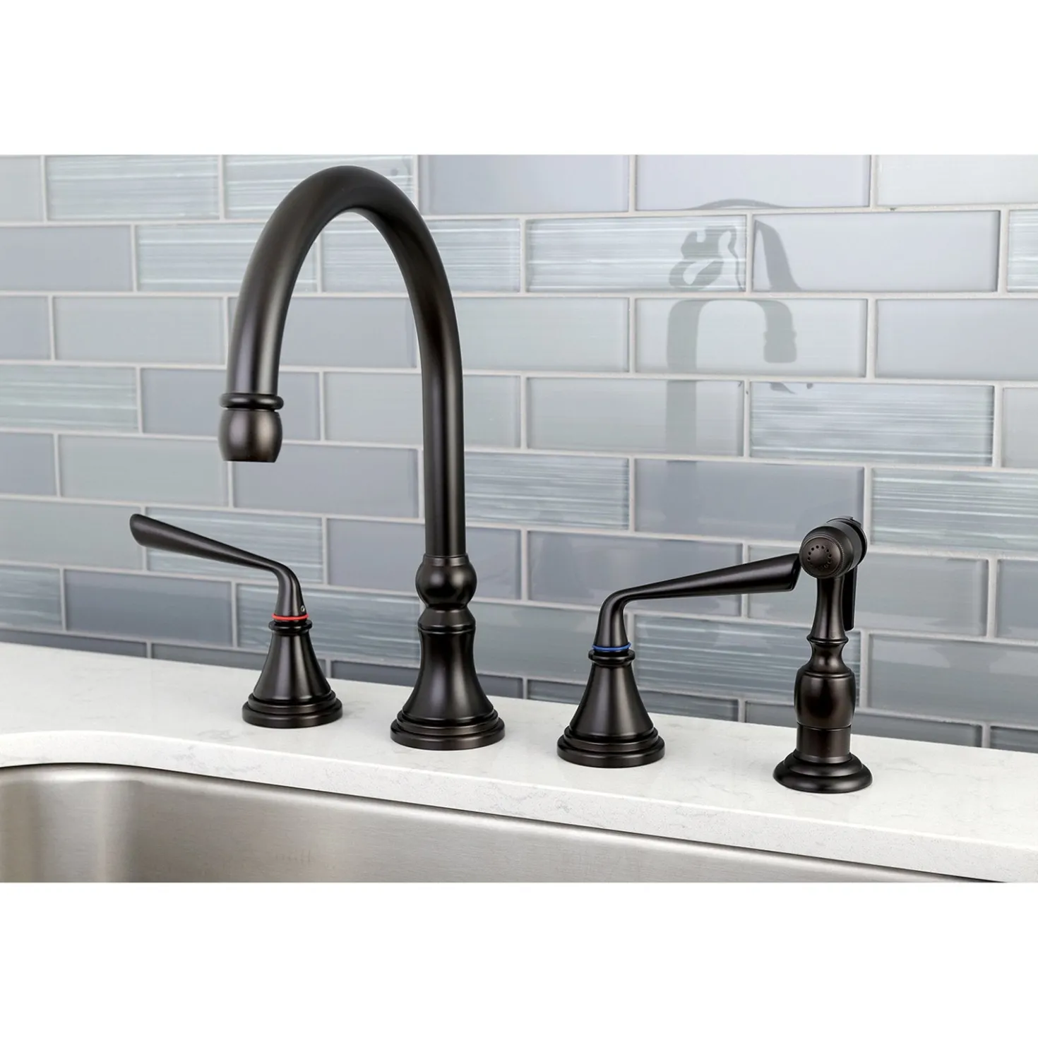 Kingston Brass Silver Sage 8" Deck Mount Kitchen Faucet with Brass Sprayer