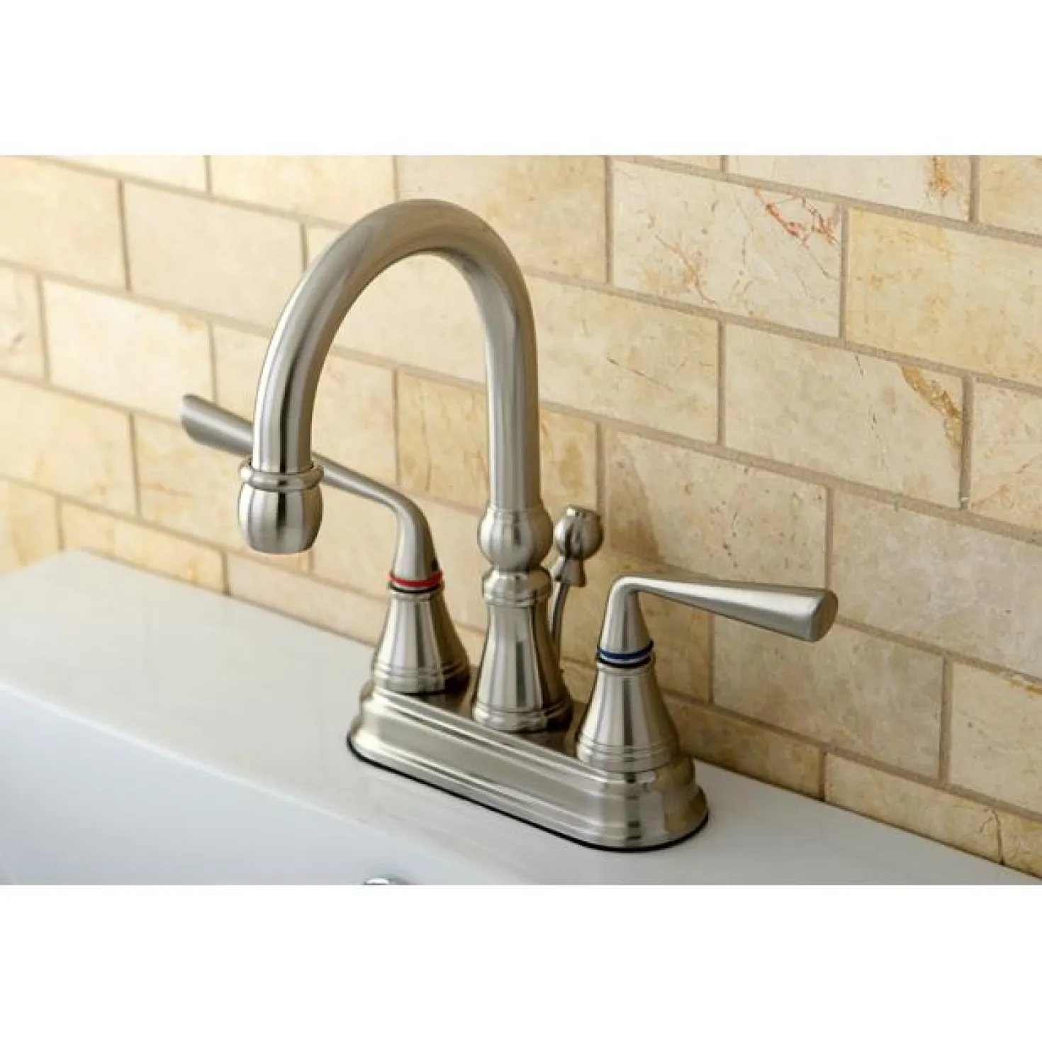 Kingston Brass Silver Sage Two Handle 4" Centerset Lavatory Faucet with Brass Pop-up in Satin Nickel