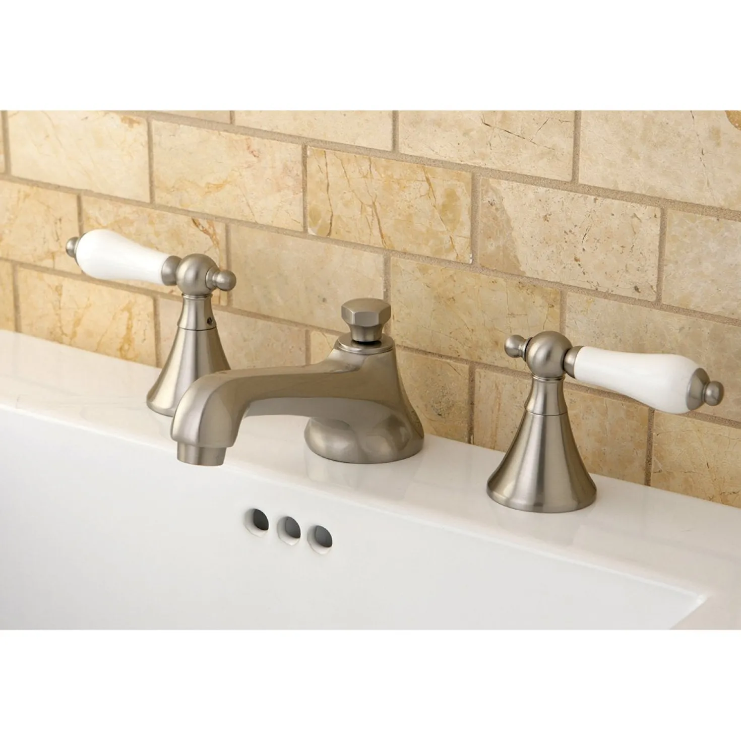 Kingston Brass Three-Hole 8-Inch Widespread Bathroom Faucet with Brass Pop-Up