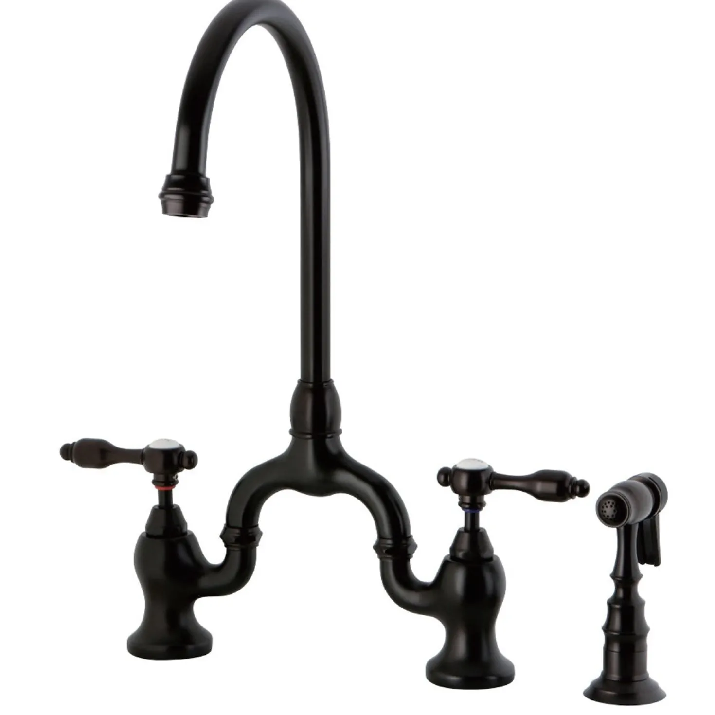 Kingston Brass Tudor Bridge Deck Mount Kitchen Faucet with Brass Sprayer