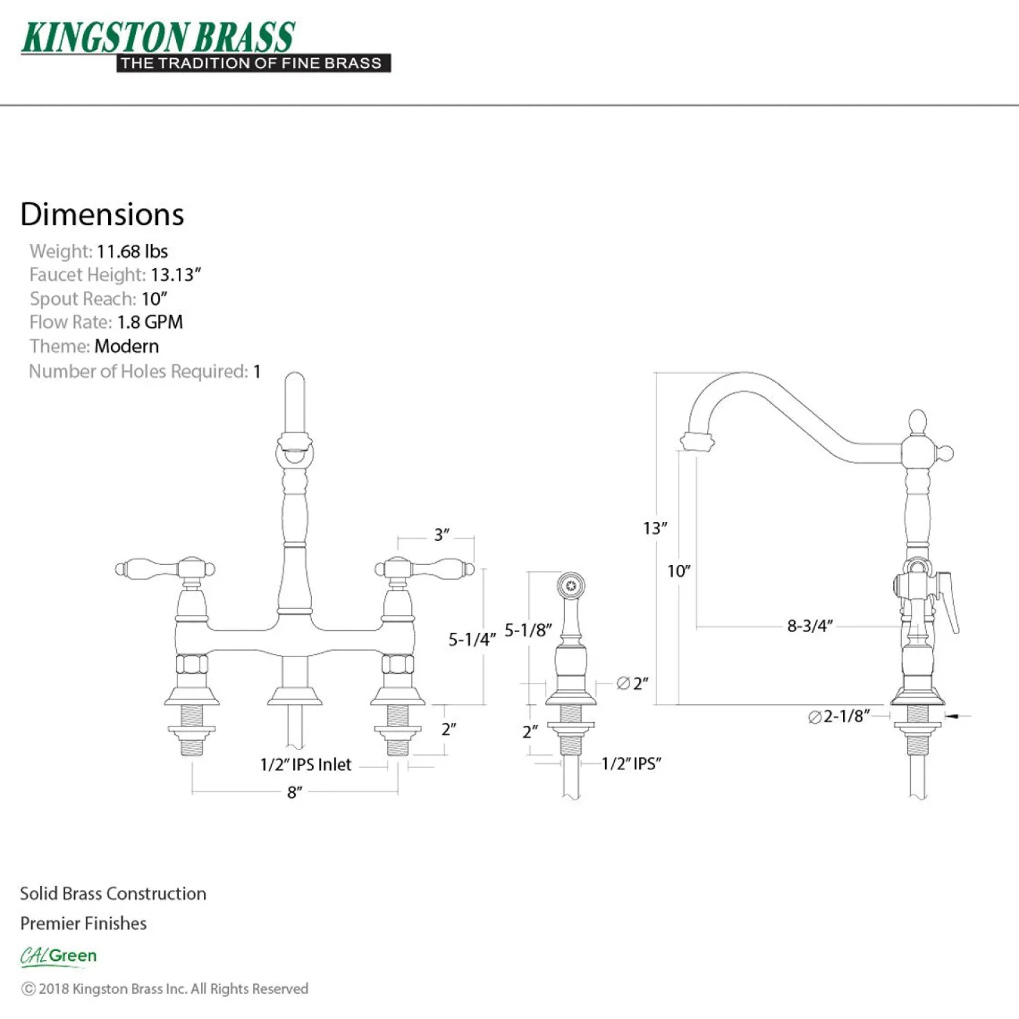 Kingston Brass Tudor Bridge Kitchen Faucet with Brass Sprayer