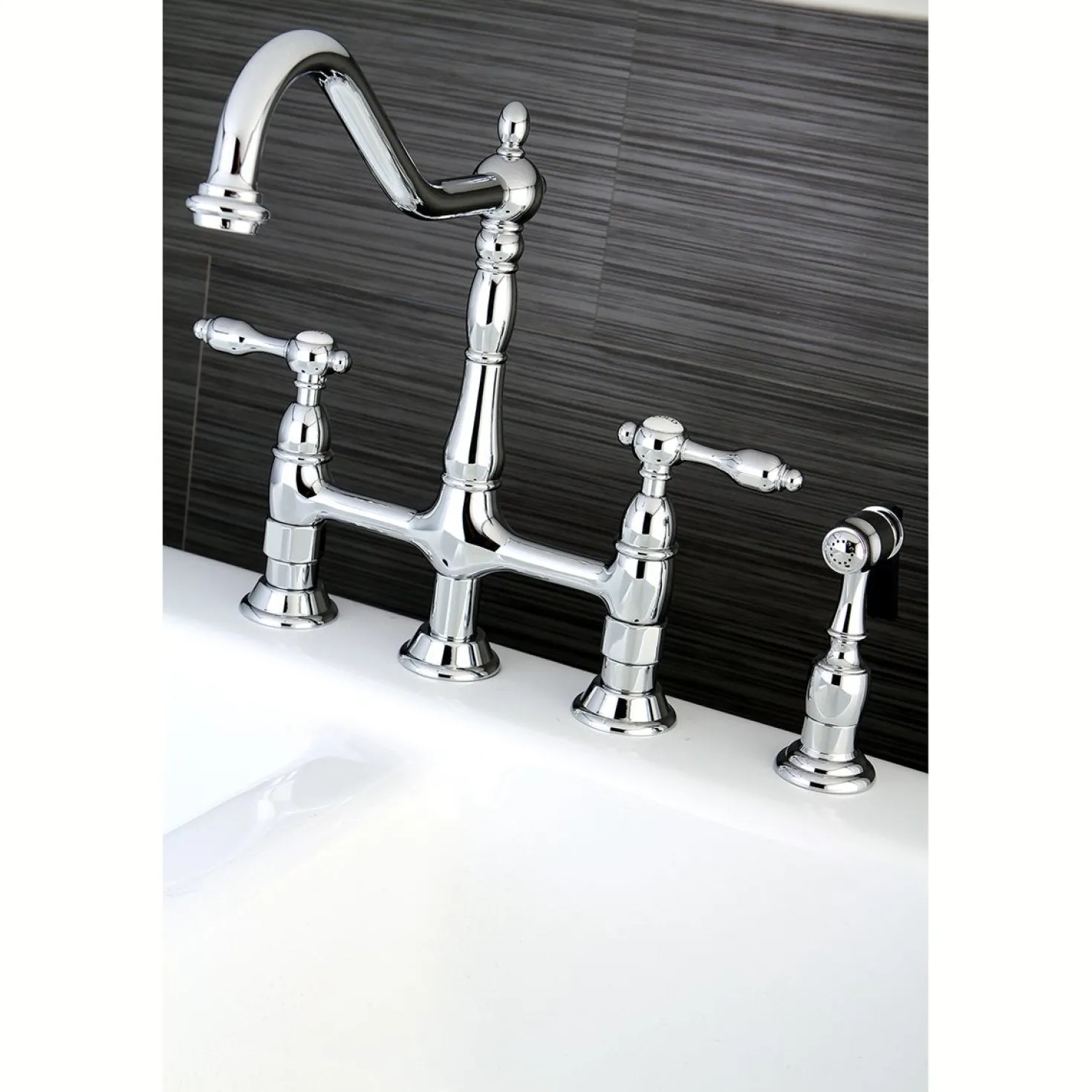 Kingston Brass Tudor Bridge Kitchen Faucet with Brass Sprayer