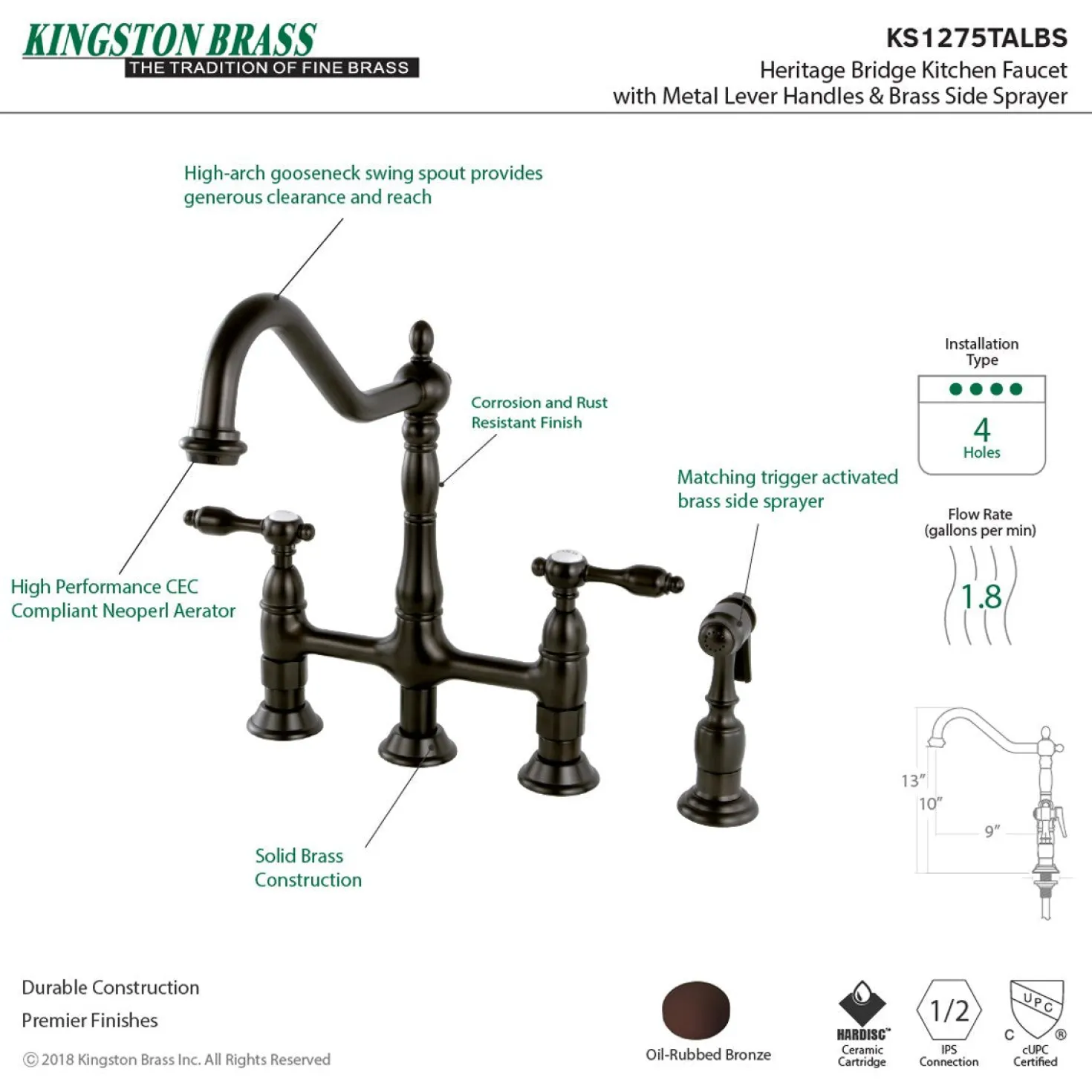 Kingston Brass Tudor Bridge Kitchen Faucet with Brass Sprayer