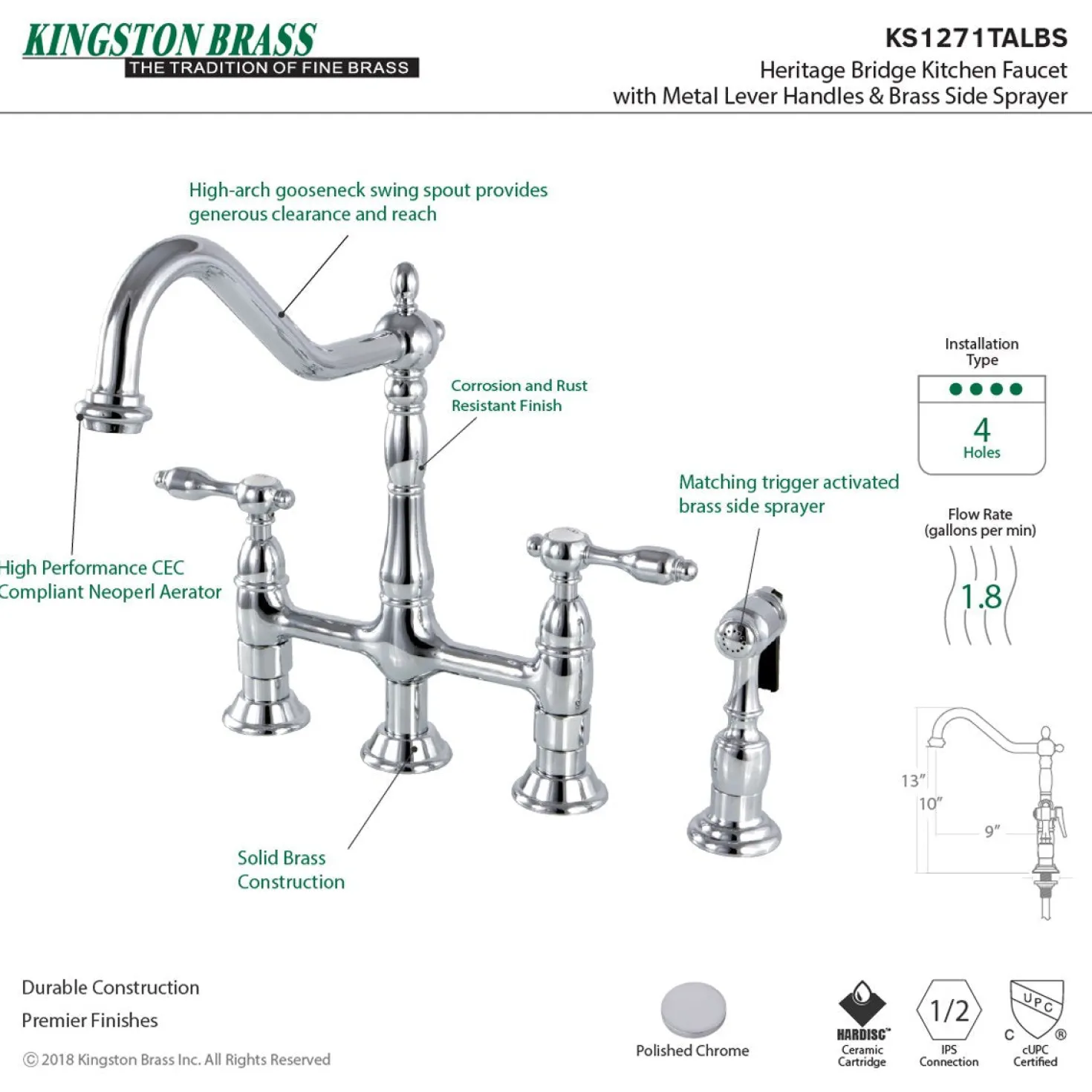 Kingston Brass Tudor Bridge Kitchen Faucet with Brass Sprayer
