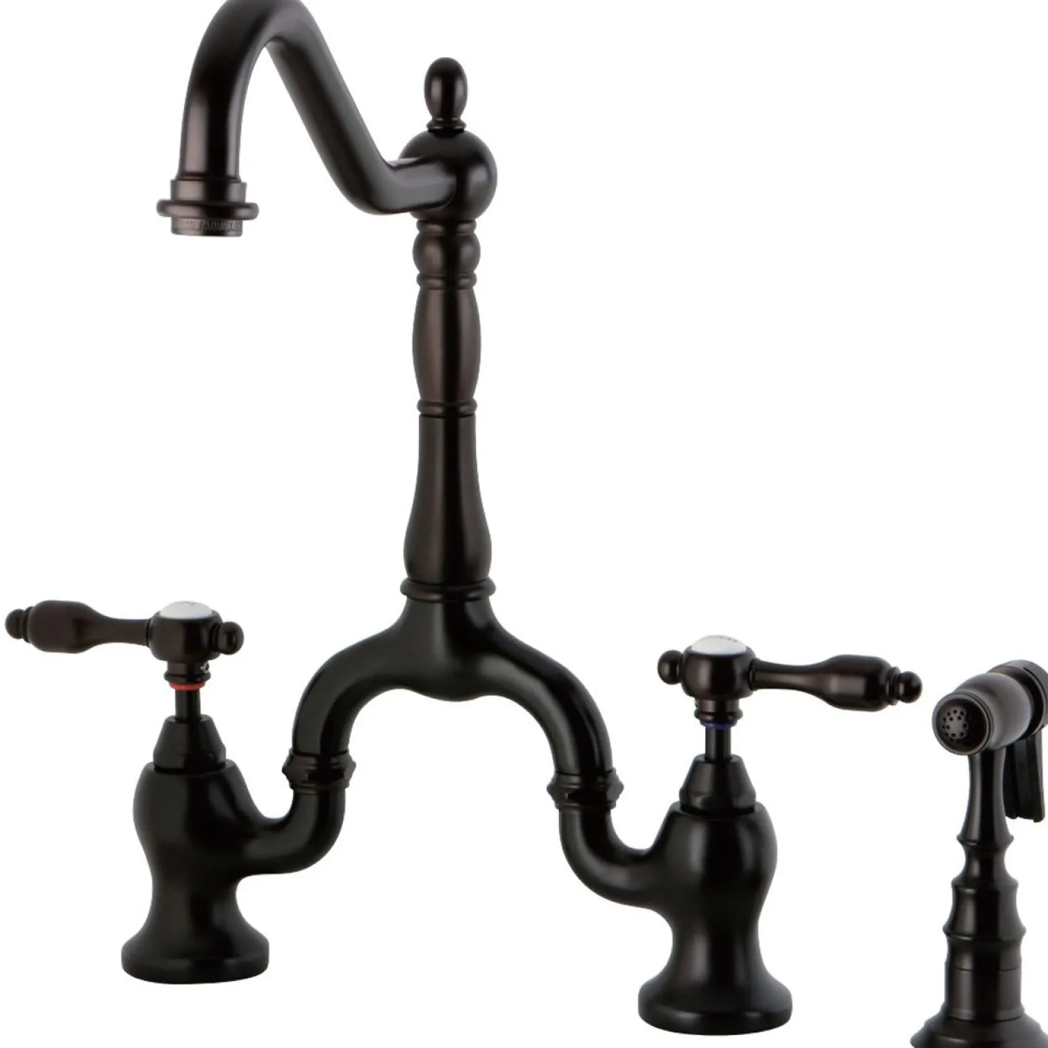 Kingston Brass Tudor Deck Mount Bridge Kitchen Faucet with Brass Sprayer