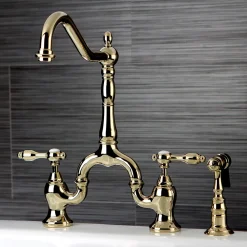 Kingston Brass Tudor Deck Mount Bridge Kitchen Faucet with Brass Sprayer