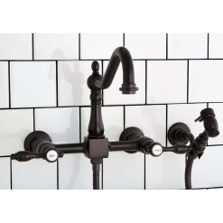 Kingston Brass Tudor 8-Inch Centerset Wall Mount Kitchen Faucet with Brass Sprayer