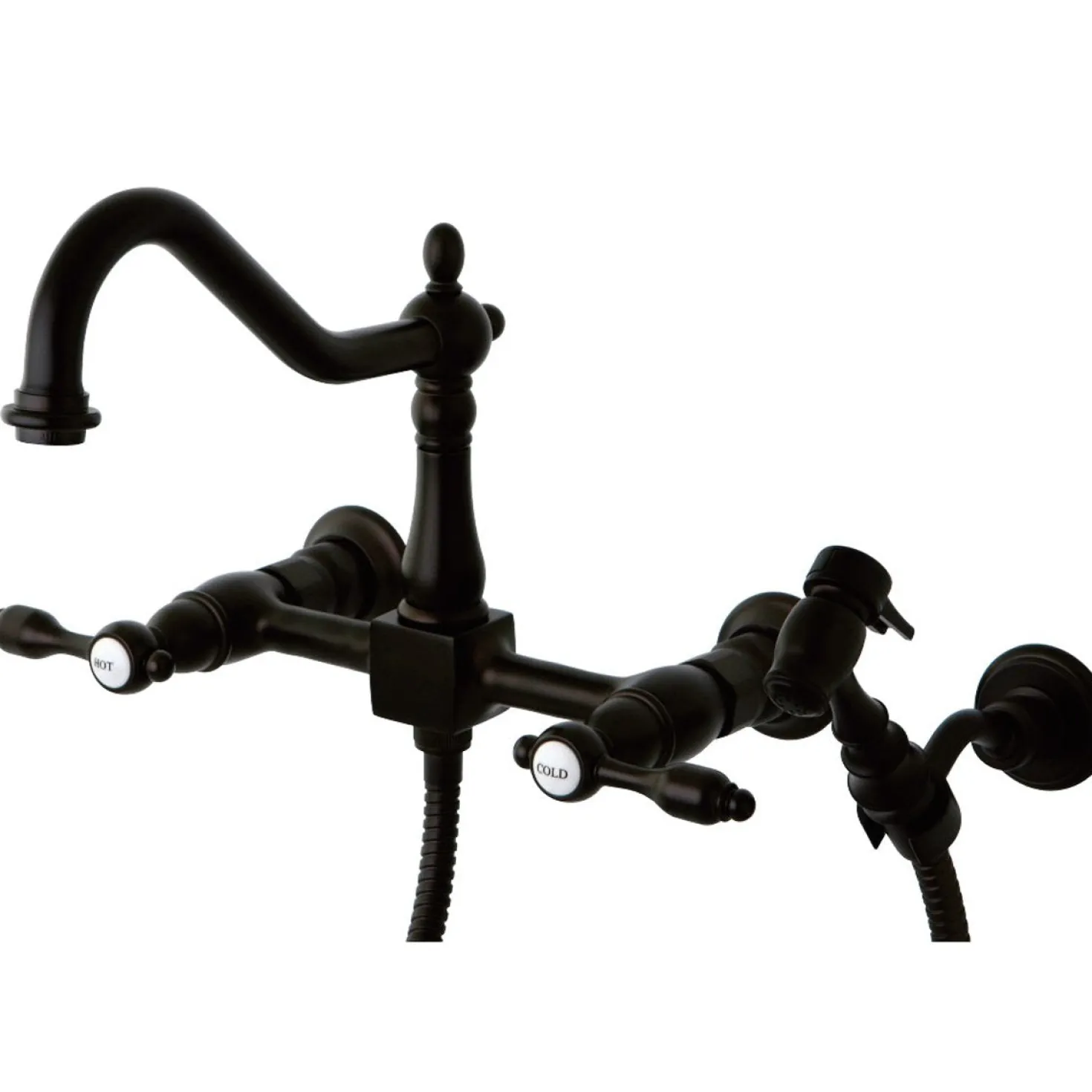 Kingston Brass Tudor 8-Inch Centerset Wall Mount Kitchen Faucet with Brass Sprayer
