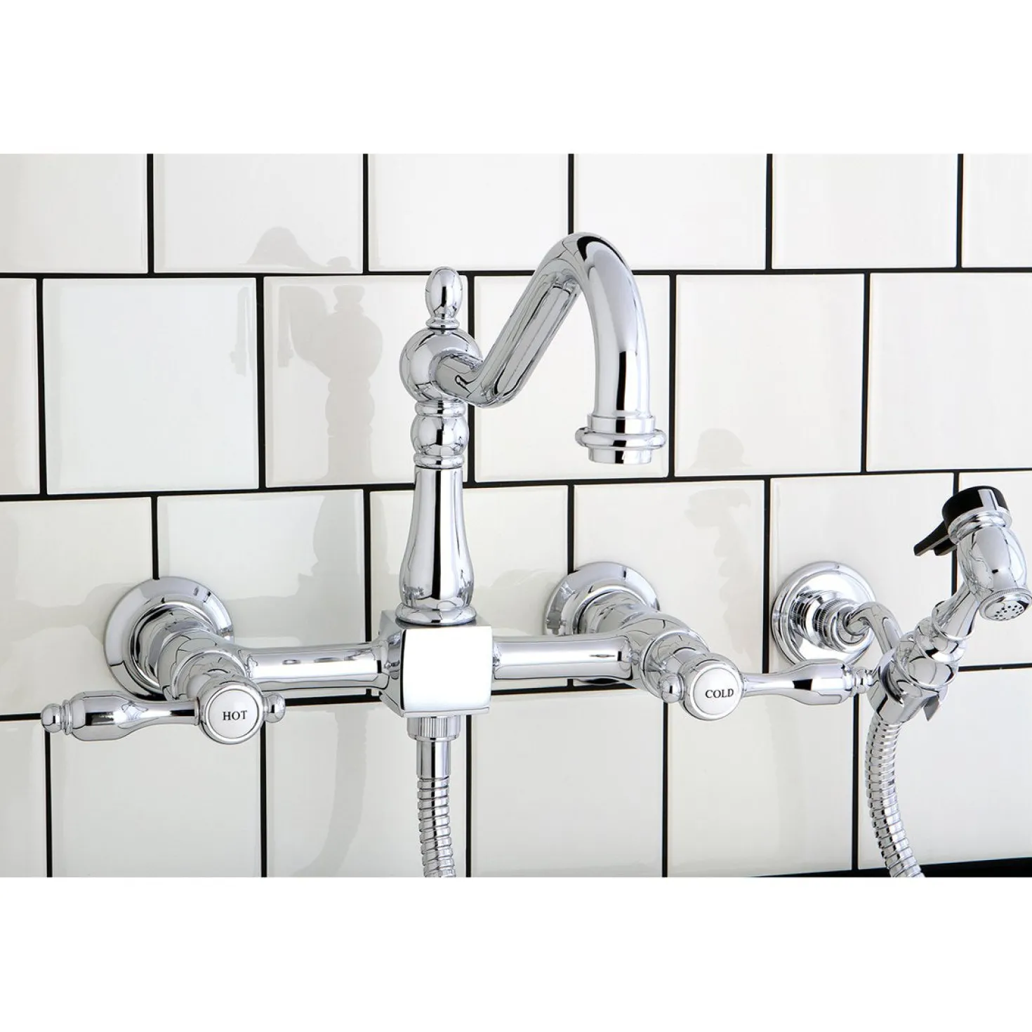 Kingston Brass Tudor 8-Inch Centerset Wall Mount Kitchen Faucet with Brass Sprayer