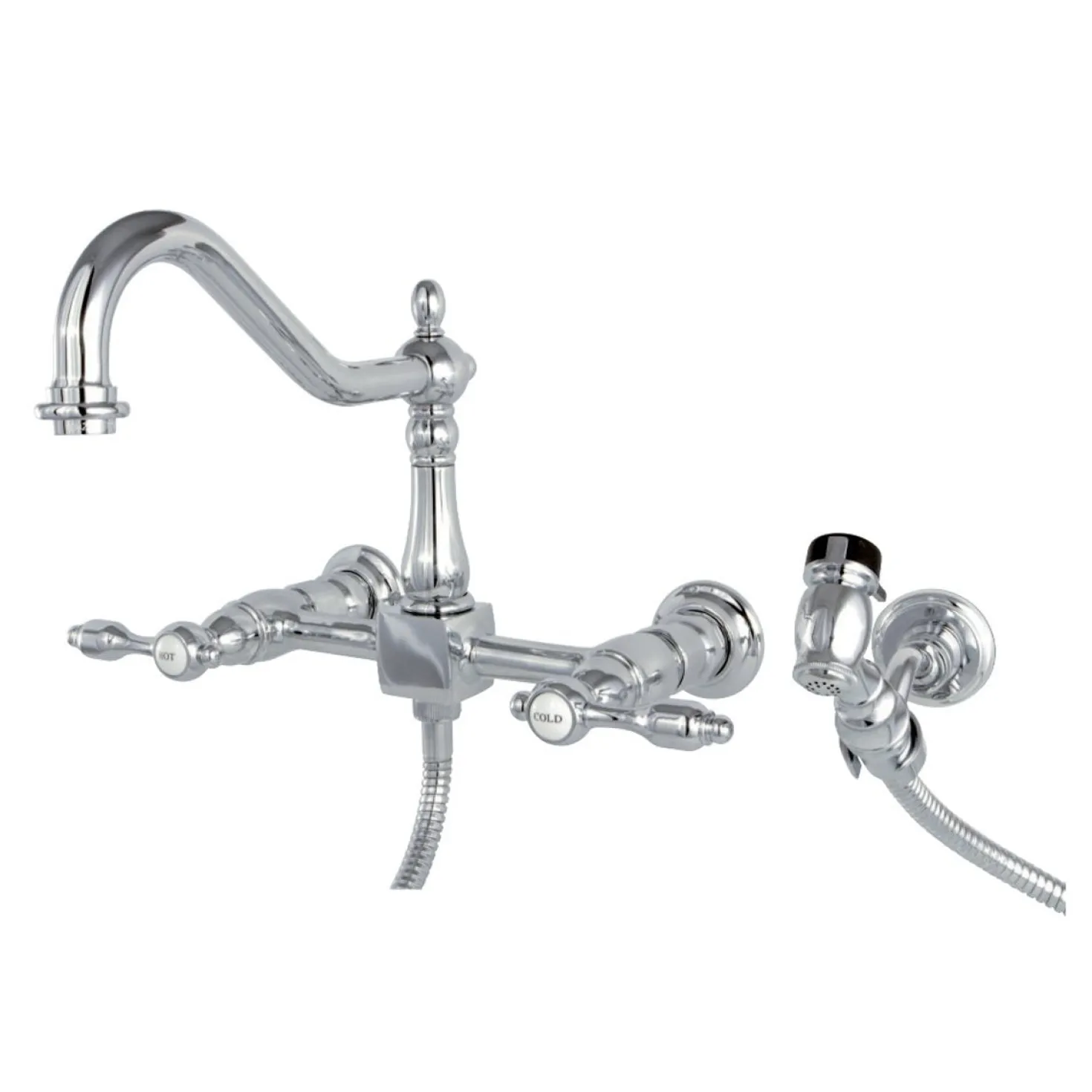 Kingston Brass Tudor 8-Inch Centerset Wall Mount Kitchen Faucet with Brass Sprayer