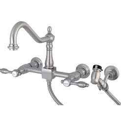 Kingston Brass Tudor 8-Inch Centerset Wall Mount Kitchen Faucet with Brass Sprayer