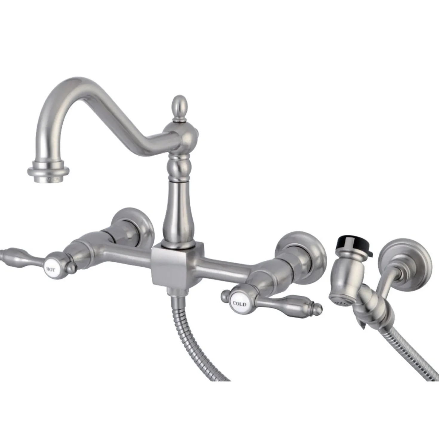 Kingston Brass Tudor 8-Inch Centerset Wall Mount Kitchen Faucet with Brass Sprayer