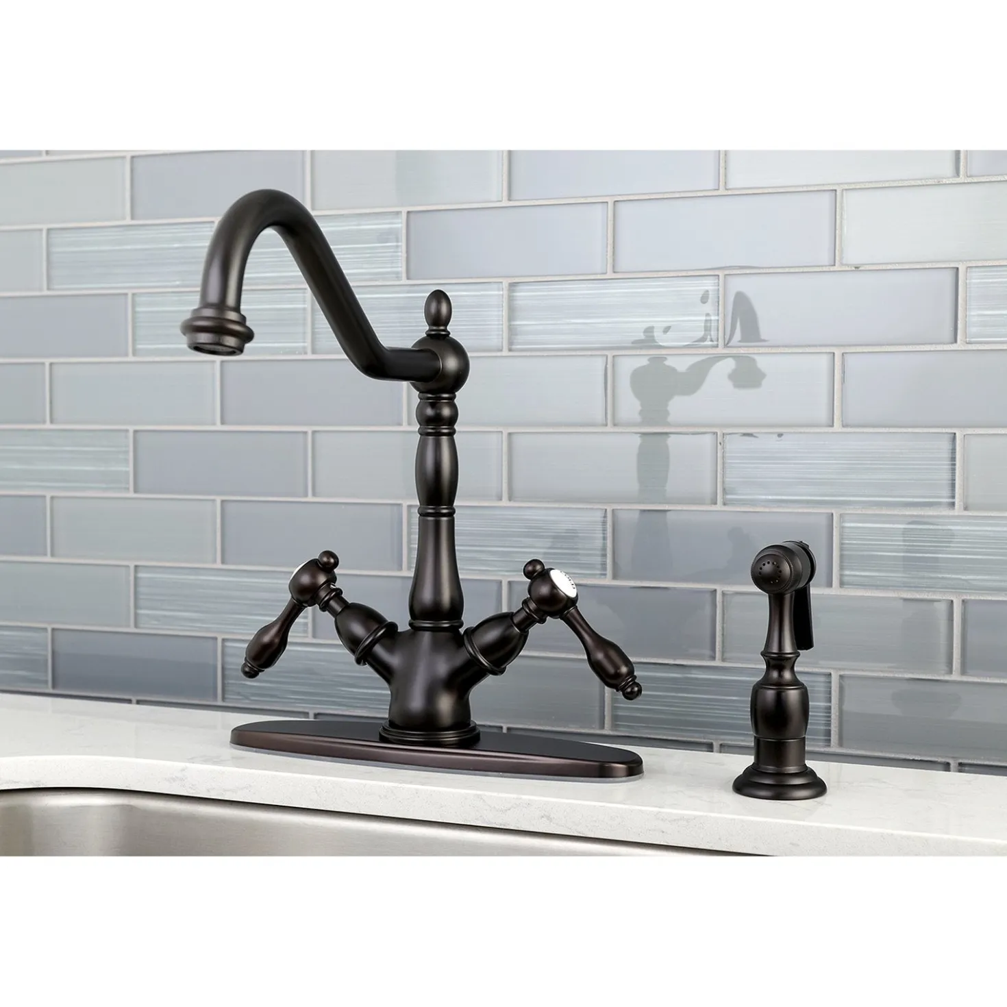 Kingston Brass Tudor Mono Deck Mount Kitchen Faucet with Brass Sprayer