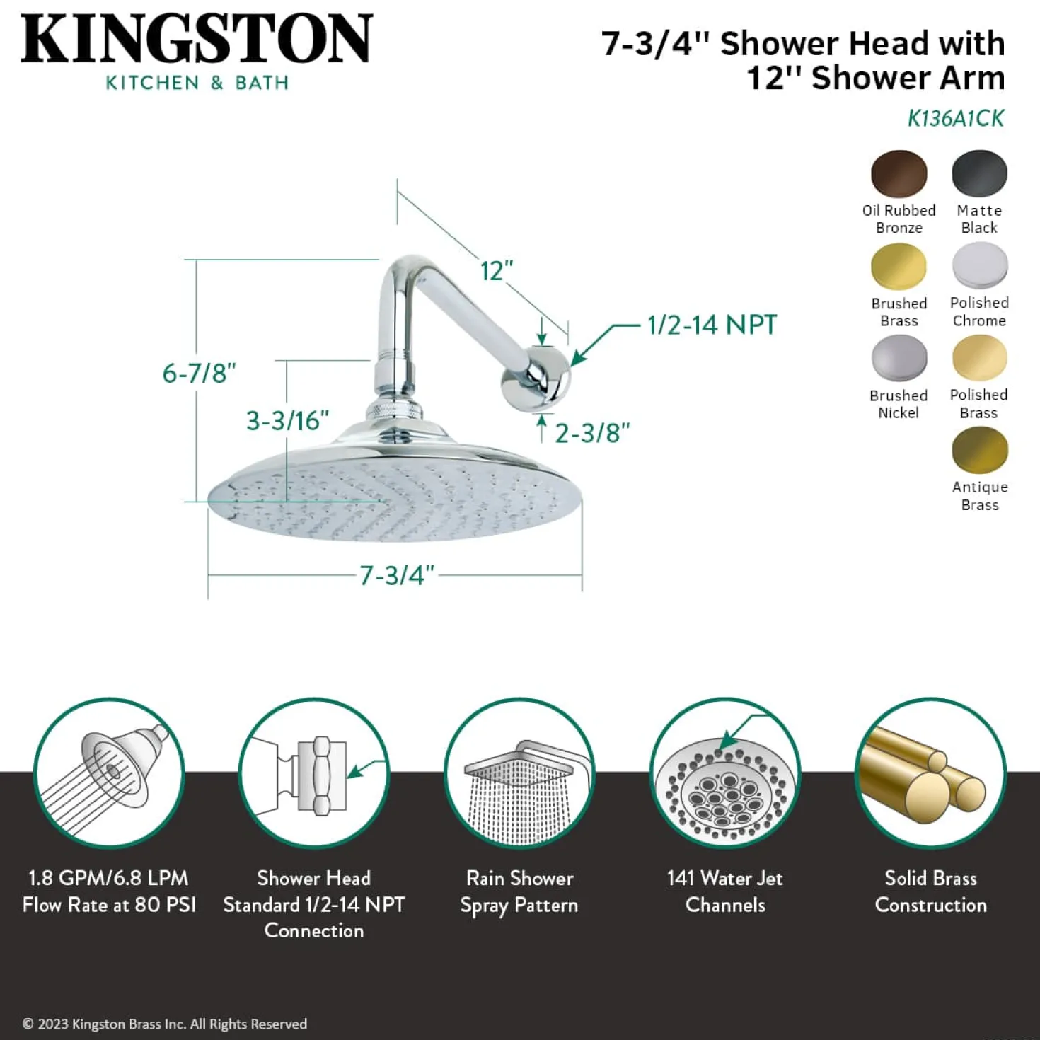 Kingston Brass Victorian 8" Brass Shower Head with 12" Shower Arm in Brushed Brass